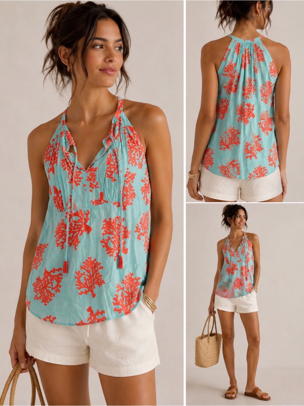escapada Aqua and Coral Printed Halter Top